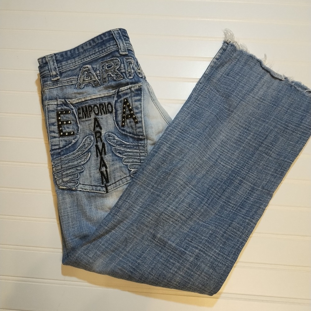 Vintage Emporio Armani Jeans Distressed Trashed 90s Women's Sz 29 Large Logo Y2K